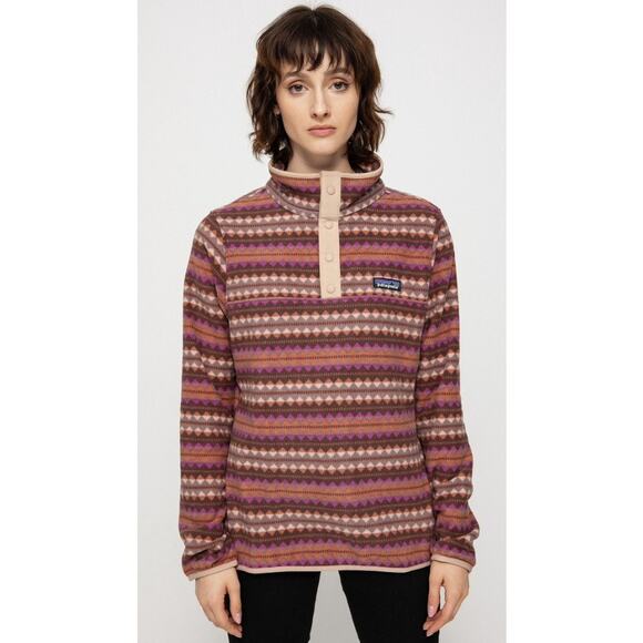 Patagonia Micro D Snap T Fleece Pullover Pink Diamond Stripe / Brown Size Medium - Picture 1 of 7